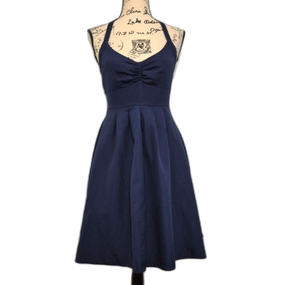 J. Crew Lydia Cady Halter Dress S Navy Halter Midi Pockets Lined A line Cotton